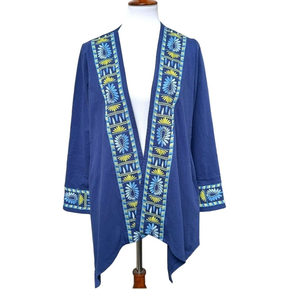 Coldwater Creek Cardigan Blue Cotton Pockets Open Front Long Sleeve Small NWOT